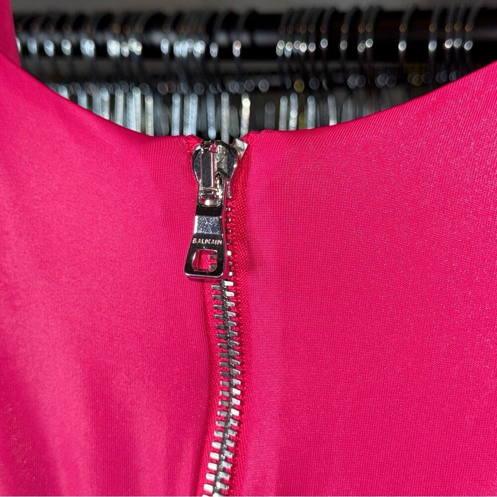 Balmain Fuchsia Ruched Mini Dress Metallic Shine V-Neck Pointed Shoulder - Picture 14 of 16